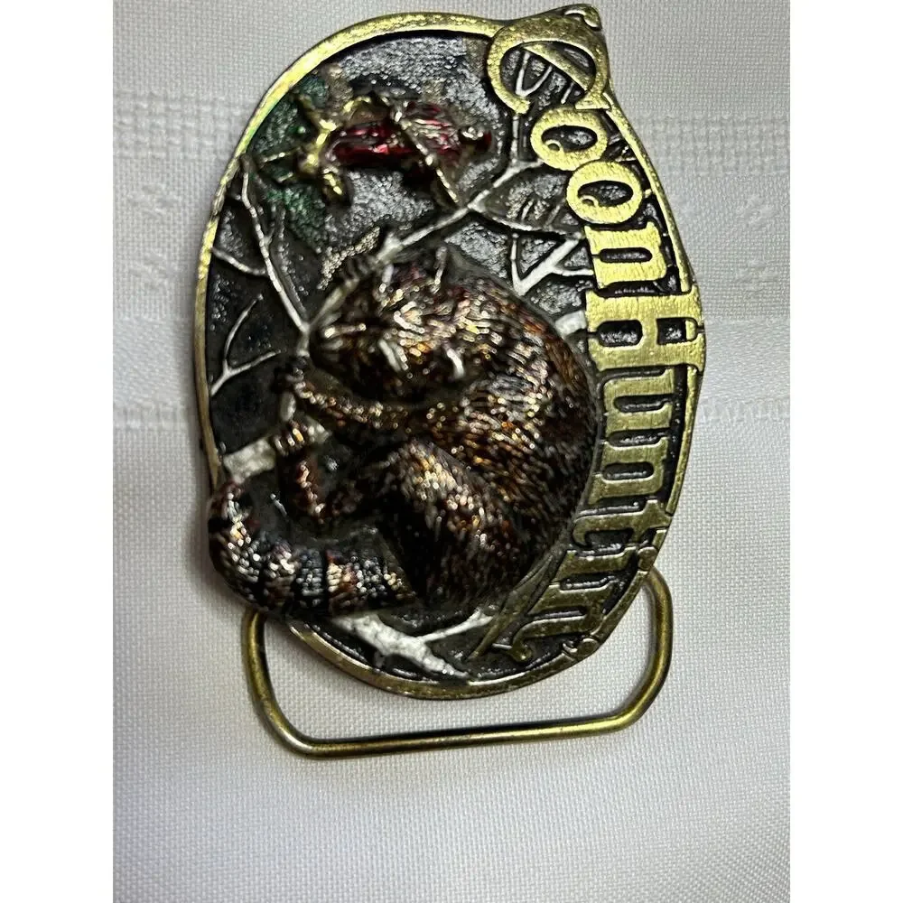 Vintage Coon Hunting Raccoon Belt Buckle Brass The Great American Buckle Co USA